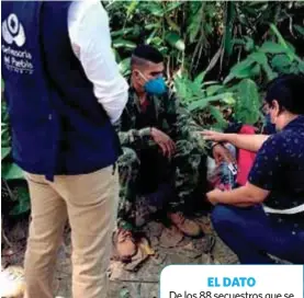  ??  ?? RESCATE. El soldado Ever Andrey Castro, este 3 de febrero de 2021, tras ser entregado por disidentes del Frente 33 de las antiguas FARC. (EFE)