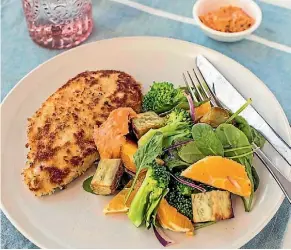  ??  ?? If you’re crumbing chicken breast, it helps to cut the chicken breast in half horizontal­ly creating thinner chicken steaks that will cook quicker in the pan.