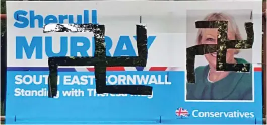  ??  ?? Harassment: Tory MP Sheryll Murray’s campaign posters were defaced with swastikas during the general election