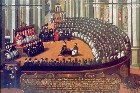  ??  ?? Riforme La congregazi­one generale del Concilio di Trento, dipinto nella Chiesa di Santa Maria Maggiore a Trento