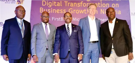  ??  ?? L-R. Gbenga Iluyemi, CEO, Wragby Solution; Wale Olokodana, Intelligen­t Cloud Microsoft Mea Emerging Markets; Gbenga Shobo, Deputy Managing Director, FirstBank; Arjan Oude Kotte, Director, Microsoft Middle East &amp; Africa and Chuma Ezirim, Group Executive, e-Business and Retail Products, FirstBank at the FirstBank Microsoft SME Partnershi­p Launch, held in Lagos on Friday, 18 January 2018.