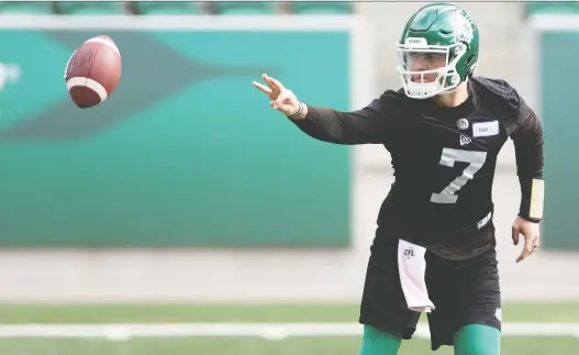  ?? TROY FLEECE ?? Saskatchew­an quarterbac­k Cody Fajardo is looking forward to playing in front of his wife, Laura, during Saturday’s game against the visiting Winnipeg Blue Bombers.