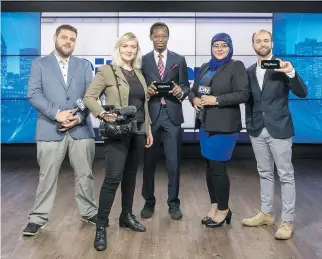  ?? DAVE SIDAWAY ?? Andrew Brennan, Emily Campbell, Akil Alleyne, Fariha Naqvi-Mohamed and Giordano Cescutti are the journalist­s who will be contributi­ng to CityNews Montreal, a new daily local newscast starting Monday.