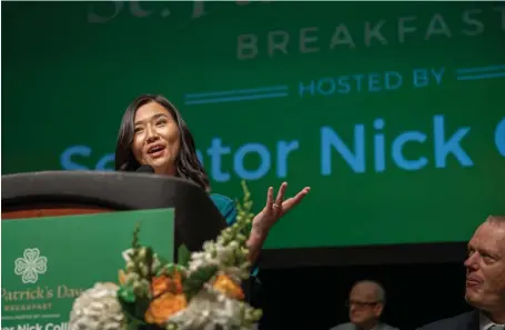  ?? AMaNDa saBga pHOTOs / BOsTON HeralD ?? JOKES ON PROTESTERS: Mayor Michelle Wu speaks during the annual Southie St. Patrick’s Day breakfast hosted by Sen. Nick Collins at the Boston Convention and Exhibition Center on Sunday.