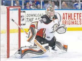  ?? Paul Bereswill Associated Press ?? FREDERIK ANDERSEN , above, and John Gibson haven’t heard from Coach Bruce Boudreau about who will start at goalie in the Ducks’ first playoff game.