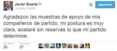  ??  ?? Javier Duarte afirmó en Twitter que respeta el proceso que Enrique Ochoa Reza lleva en su contra y agradeció el apoyo de los legislador­es que lo respaldan.