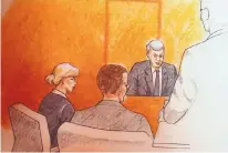  ??  ?? In this sketch by courtroom artist Jeff Kandyba, pop singer Taylor Swift, left, and a defense attorney look on as former radio host David Mueller, background right, speaks during a civil trial in federal court on Tuesday.