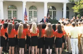  ?? Alex Brandon / Associated Press ?? President Trump spoke in the Rose Garden during an event with the American Legion Boys Nation and the American Legion Auxiliary Girls Nation.