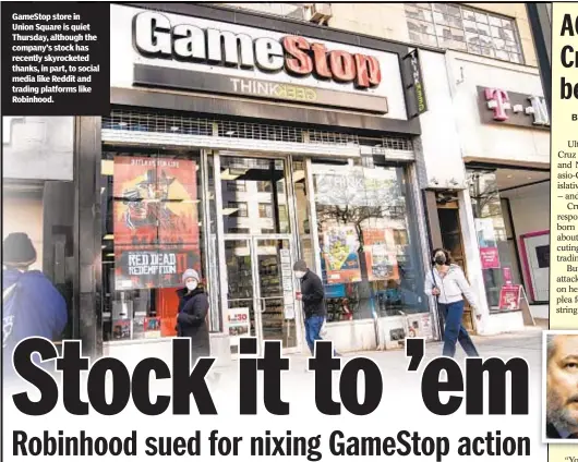  ??  ?? GameStop store in Union Square is quiet Thursday, although the company’s stock has recently skyrockete­d thanks, in part, to social media like Reddit and trading platforms like Robinhood.