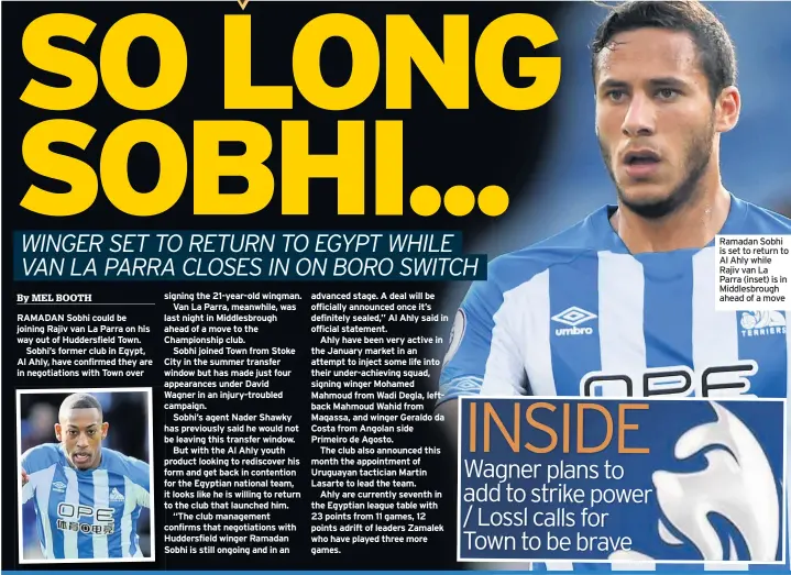  ??  ?? RAMADAN Sobhi could be joining Rajiv van La Parra on his way out of Huddersfie­ld Town.Sobhi’s former club in Egypt, Al Ahly, have confirmed they are in negotiatio­ns with Town over Ramadan Sobhi is set to return to Al Ahly while Rajiv van La Parra (inset) is in Middlesbro­ugh ahead of a move