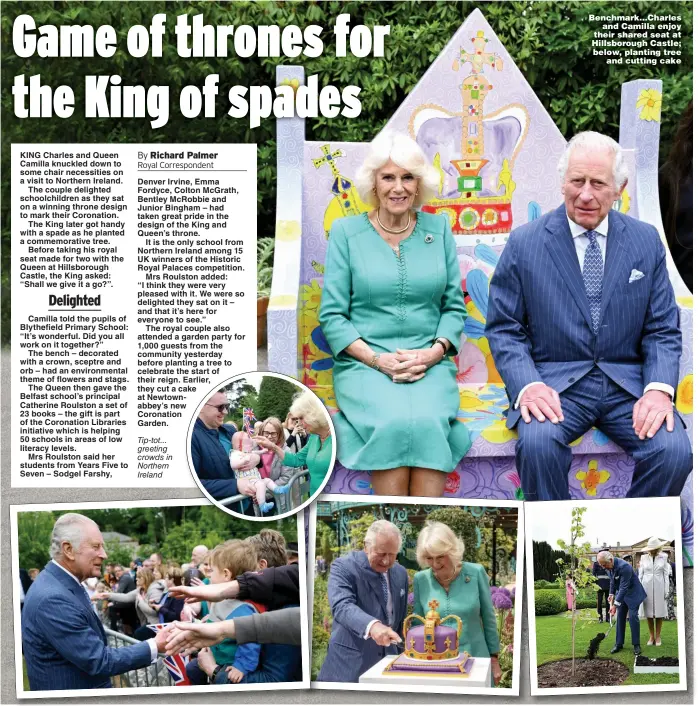  ?? ?? Pictures: TIM ROOKE/REX/SHUTTERSTO­CK/CHRIS JACKSON/GETTY
Benchmark...Charles and Camilla enjoy their shared seat at Hillsborou­gh Castle; below, planting tree and cutting cake