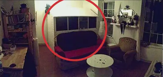  ??  ?? And here’s your bedroom: The shed, circled, its windows blacked out, behind a sofa in the flat’s communal living room