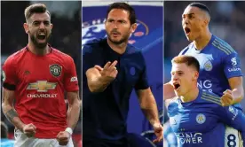  ?? Composite: Offside via Getty Images; NMC Pool; EPA; Action Plus/Shuttersto­ck ?? Manchester United’s Bruno Fernandes, the Chelsea manager, Frank Lampard, and Leicester’s Harvey Barnes and Youri Tielemans.