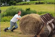  ?? DANA JENSEN THE DAY ?? Asa Palmer rolls a hay bale into the bucket of a payloader to load it onto a trailer while working in a hay field in North Stonington.