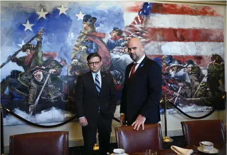  ?? AFP ?? US House Speaker Mike Johnson, left, with Israeli Knesset Speaker Amir Ohana at the Capitol, in Washington, DC