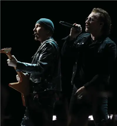  ??  ?? Bono and The Edge from U2 perform on the first night of the eXPERIENCE + iNNOCENCE Tour at the 3Arena in Dublin. Photo: Steve Humphreys