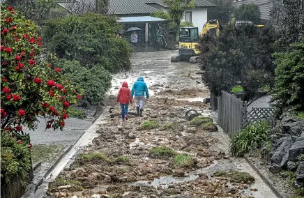  ?? PHOTOS: BRADEN FASTIER/STUFF ?? Coster St residents check the condition of slips on their shared driveway in the Nelson suburb of Enner Glynn, after the city declared a state of emergency following two days of continuous rain.