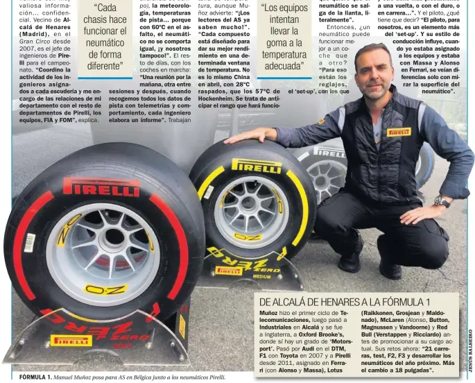 ??  ?? FÓRMULA 1. Manuel Muñoz posa para AS en Bélgica junto a los neumáticos Pirelli.