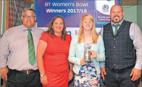  ?? Photos: Stephen Lawson ?? Oban Lorne club president Sandy Rokitta, ladies’ captain Laura MacCormick and coach Corrie Louw with top points scorer Lucy Stewart, who also won the BT National Women’s League Division Two player of the season at the recent SRU club awards dinner.