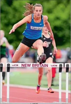  ?? SARAH GORDON/THE DAY ?? Waterford’s Shayne Beckloff reacts after finishing a solid fourth in the 100-meter dash (11.11 seconds) during Monday’s State Open track and field championsh­ips at Willow Brook Park in New Britain. Visit www.theday.com for a photo gallery. Waterford’s...