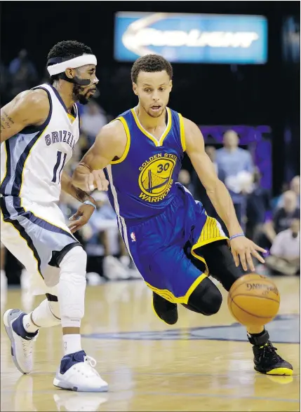  ?? — AP FILES ?? Golden State Warriors guard Stephen Curry, right, figures to be a dominant presence for the Warriors in the Western Conference Final against James Harden and the Houston Rockets.