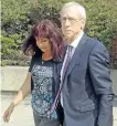  ?? JASON BAIN/EXAMINER ?? Darlene Edwardes-Evans makes her way out of Peterborou­gh Ontario Court of Justice alongside lawyer Murray Shore after sentencing submission­s were heard in her fraud case on Tuesday.