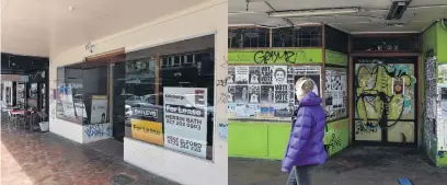  ?? PHOTO: GREGOR RICHARDSON ?? Empty spaces and covered shopfronts . . . Some of the vacancies along Dunedin’s George St on Monday.