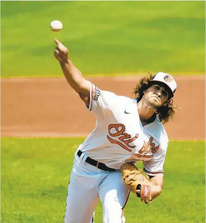  ?? KENNETH K. LAM/BALTIMORE SUN PHOTOS ?? The Orioles' Dean Kremer gave up one hit and one run and struck out seven in his first major league game.