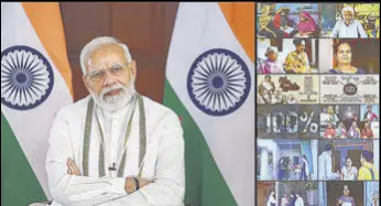  ?? PTI ?? Prime Minister Narendra Modi addresses the ‘Utkarsh Samaroh’ in Gujarat’s Bharuch district, through a video-conference, in New Delhi on Thursday.