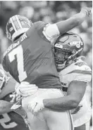  ?? JOHN MCDONNELL/THE WASHINGTON POST ?? The Jets’ Quinnen Williams hits Washington quarterbac­k Dwayne Haskins at FedEx Field on Sunday.