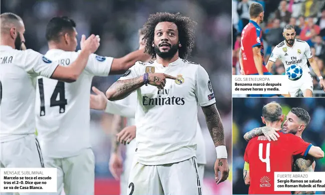  ??  ?? MENSAJE SUBLIMINAL Marcelo se toca el escudo tras el 2-0. Dice que no se va de CASA DLANCA. GOL 58 EN EUROPA Denzema marcó después de nueve horas y media. FUERTE ABRAZO Sergio Ramos se saluda Con Roman Hubnik Al final