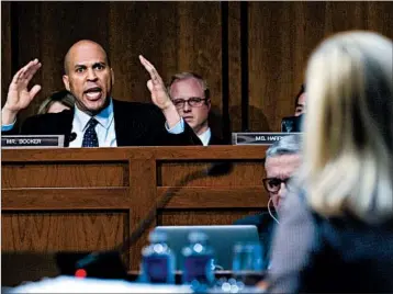  ?? JOSE LUIS MAGANA/AP ?? Sen. Cory Booker questions Homeland Security Secretary Kirstjen Nielsen during a hearing before the judiciary panel.