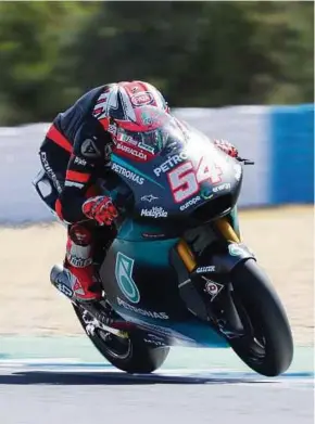  ??  ?? Petronas Sprinta Racing’s Mattia Pasini started from fourth on the grid only to crash out in the second lap in Moto2 of the French Grand Prix yesterday.