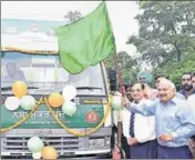  ?? ANIL DAYAL/HT ?? Punjab health minister Brahm Mohindra flagging off special vans to spread awareness about the deaddictio­n programme of the state government in Chandigarh on Monday