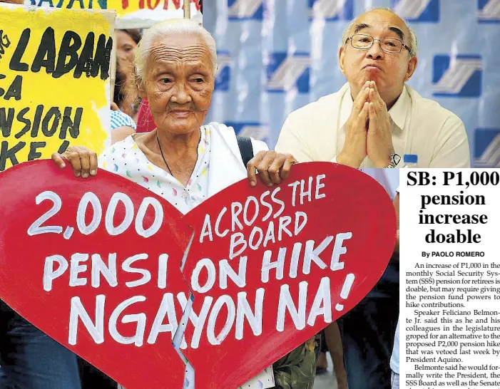  ?? ERNIE PEÑAREDOND­O / MICHAEL VARCAS ?? A woman holds a placard to protest President Aquino’s veto of a bill for a P2,000 pension hike during a march to Malacañang. Inset shows Social Security System president and CEO Emilio de Quiros Jr. who defended the veto during a press conference...