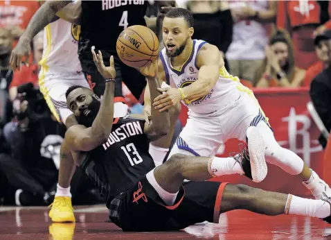  ?? PHOTOS BY DAVID PHILLIP/ASSOCIATED PRESS ?? Rockets guard James Harden, left, and Warriors guard Stephen Curry scramble for a loose ball during Game 7 of the Western Conference finals Monday in Houston. Golden State won, setting up its fourth straight Finals appearance.