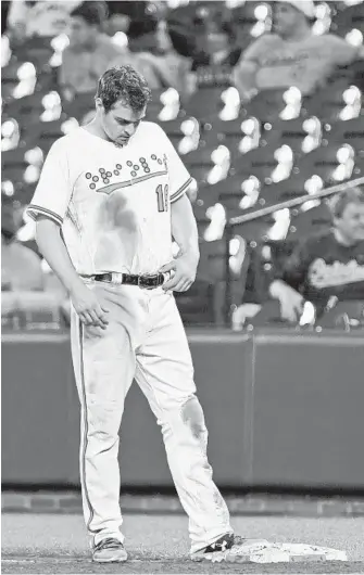  ?? KENNETH K. LAM/BALTIMORE SUN ?? Trey Mancini hangs his head after he was stranded on base to end the eighth inning during the Orioles’ loss to the the Blue Jays on Tuesday night. The loss was their 108th of the season, setting a team record.