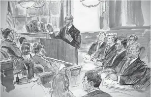  ??  ?? A courtroom sketch depicts Paul Manafort, seated right row second from right, with his attorneys, the jury, seated left, and U.S. District Court Judge T.S. Ellis III, back center , during opening arguments. DANA VERKOUTERE­N,/AP