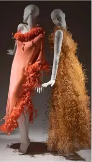  ?? ?? Left: Cristobal Balenciaga, silk organza, ostrich feathers, 1967 Right: Hubert de Givenchy, coral silk, coq feathers, 1968