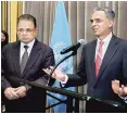  ?? PTI ?? India's Permanent Representa­tive to the United Nations Syed Akbaruddin speaks during a reception in the honour of Justice Dalveer Bhandari ( left) at the UN in New York on Monday.