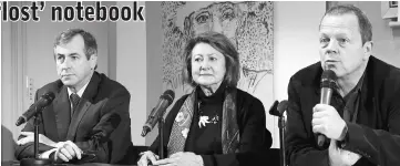  ??  ?? (Left to right) Auctioneer Franck Baille, Welsh-Ovcharov and Bernard Comment, publisher at Editions du Seuil, attend a news conference in Paris, France, recently. — Reuters file photo