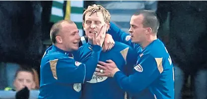  ?? Pictures: SNS. ?? Main image shows Jody Morris in action for St Johnstone against Rangers at Ibrox. The others show Saints boss Derek Mcinnes welcoming new signings Morris and Chris Millar to the club and, above, the former Chelsea man and Stevie Milne, right, congratula­ting teammate Liam Craig after scoring against Celtic.