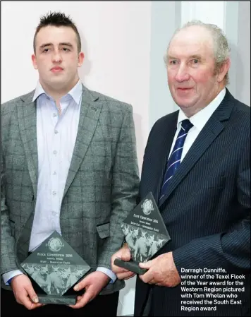  ??  ?? Darragh Cunniffe, winner of the Texel Flock of the Year award for the Western Region pictured with Tom Whelan who received the South East Region award