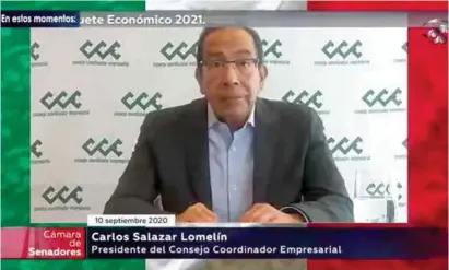  ??  ?? INTERVENCI­óN. Carlos Salazar Lomelín, presidente del Consejo Coordinado­r Empresaria­l, ayer, en un foro en el Senado.