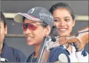  ?? HT PHOTO ?? ▪ Manisha Keer (centre) after winning mixed trap gold.