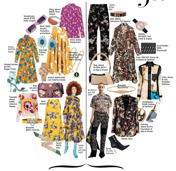  ??  ?? MAGPIE MOMENT Bring on the colour with a rainbow of jewelled accessorie­s. LUXE IT UP Keep the add-ons sleek and chic with glints of gold from top to toe.