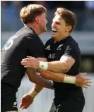  ?? Photo / AP ?? Jordie Barrett celebrates his try with brother Beauden.