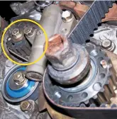  ??  ?? Consider other parts that may be required. Pictured on the top left of this Mitsubishi engine is a balance shaft belt, which must be replaced at the same time as the main timing belt. Note also the hydraulic belt tensioner, which utilises engine oil...