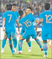  ?? PTI PHOTO ?? India skipper Sunil Chhetri celebrates the first goal against Kenya with teammates in Mumbai on Sunday.