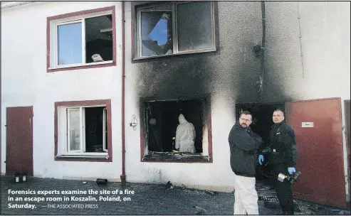  ?? — THE ASSOCIATED PRESS ?? Forensics experts examine the site of a fire in an escape room in Koszalin, Poland, on Saturday.